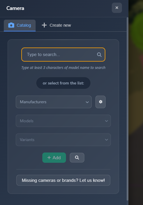 Camera selection sidebar